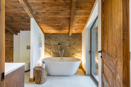 Шале с камином и джакузи в лесу  — фото